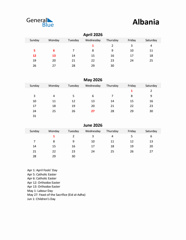 Printable Quarterly Calendar with Notes and Albania Holidays- Q2 of 2026