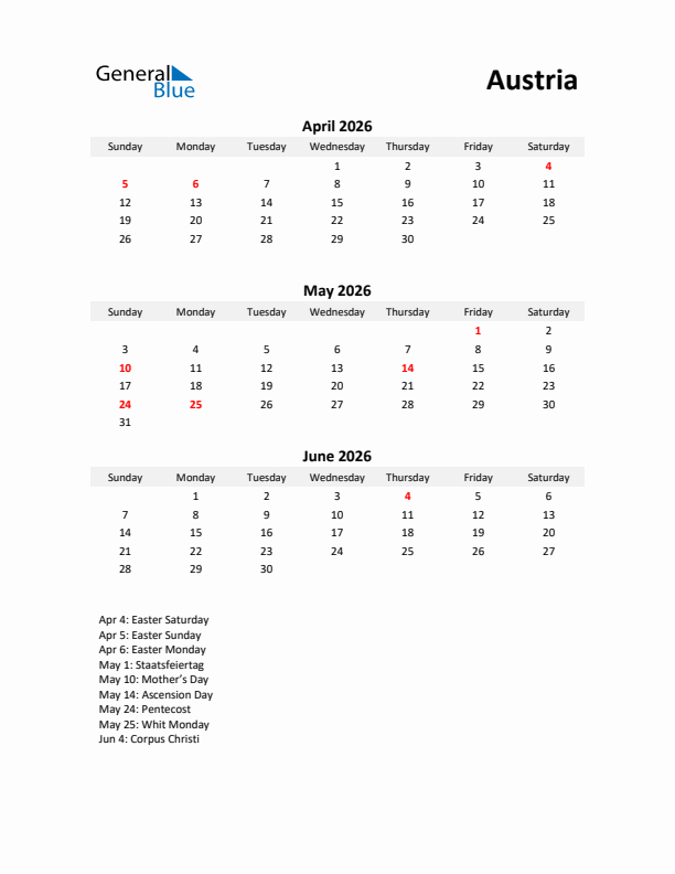 Printable Quarterly Calendar with Notes and Austria Holidays- Q2 of 2026