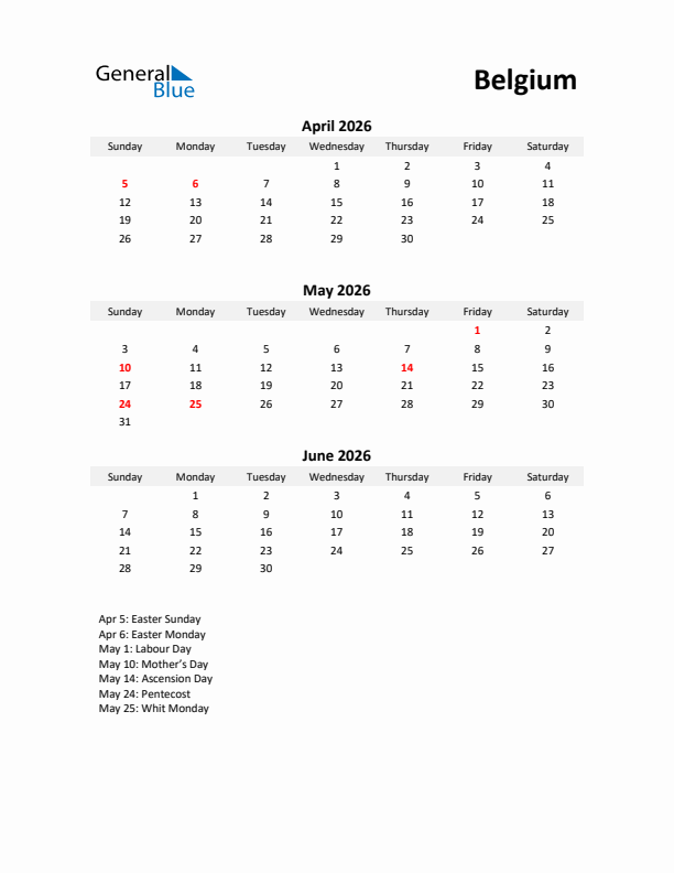 Printable Quarterly Calendar with Notes and Belgium Holidays- Q2 of 2026