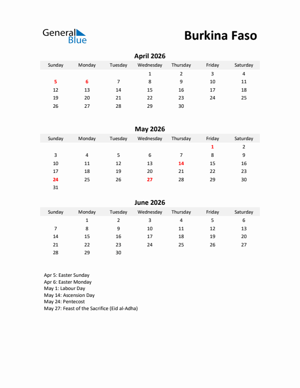 Printable Quarterly Calendar with Notes and Burkina Faso Holidays- Q2 of 2026