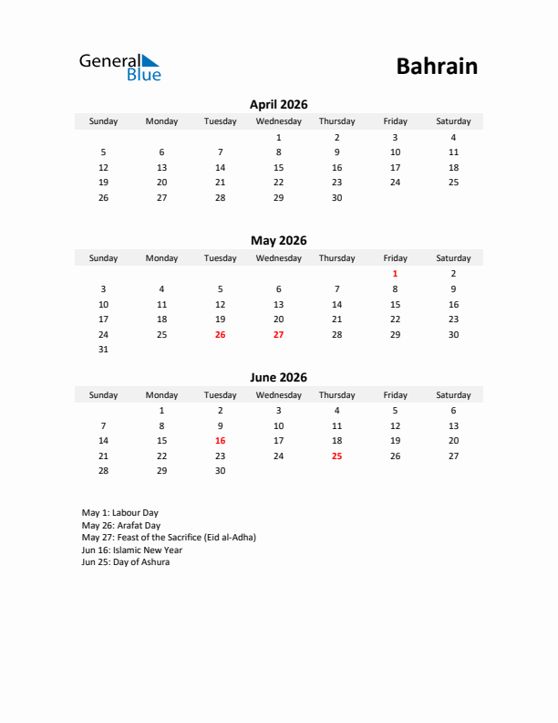 Printable Quarterly Calendar with Notes and Bahrain Holidays- Q2 of 2026