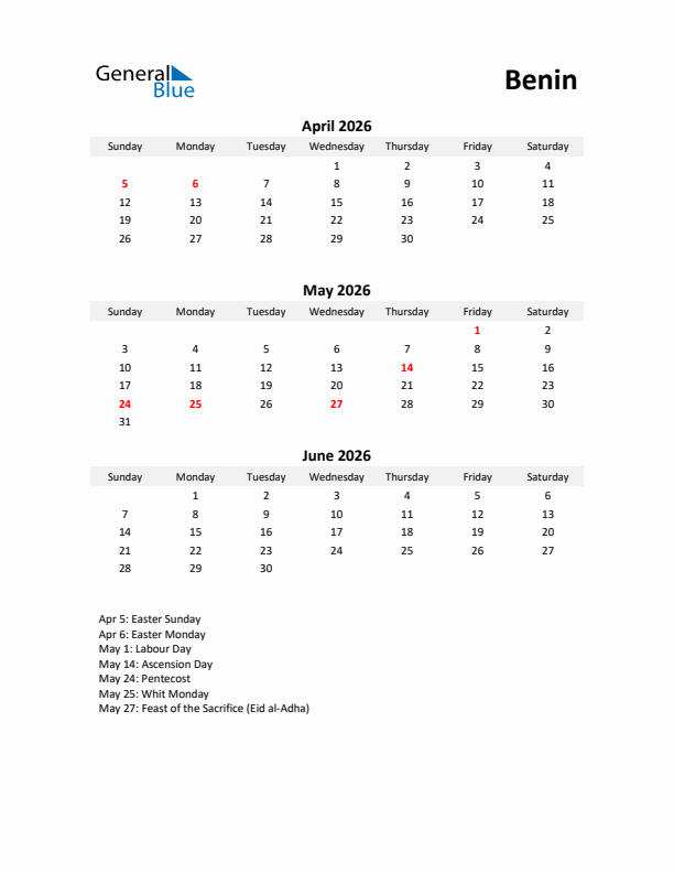 Printable Quarterly Calendar with Notes and Benin Holidays- Q2 of 2026