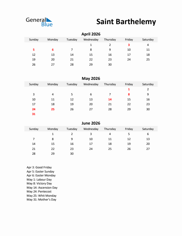 Printable Quarterly Calendar with Notes and Saint Barthelemy Holidays- Q2 of 2026