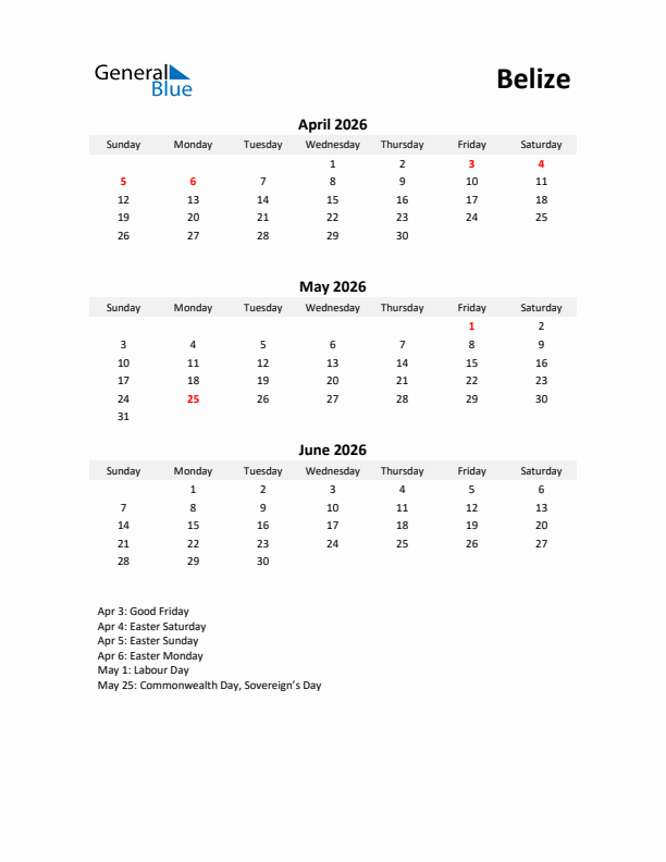 Printable Quarterly Calendar with Notes and Belize Holidays- Q2 of 2026