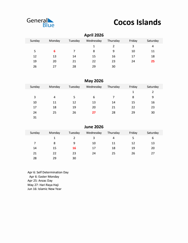 Printable Quarterly Calendar with Notes and Cocos Islands Holidays- Q2 of 2026