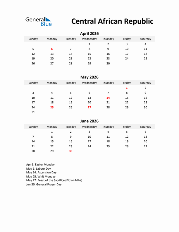 Printable Quarterly Calendar with Notes and Central African Republic Holidays- Q2 of 2026