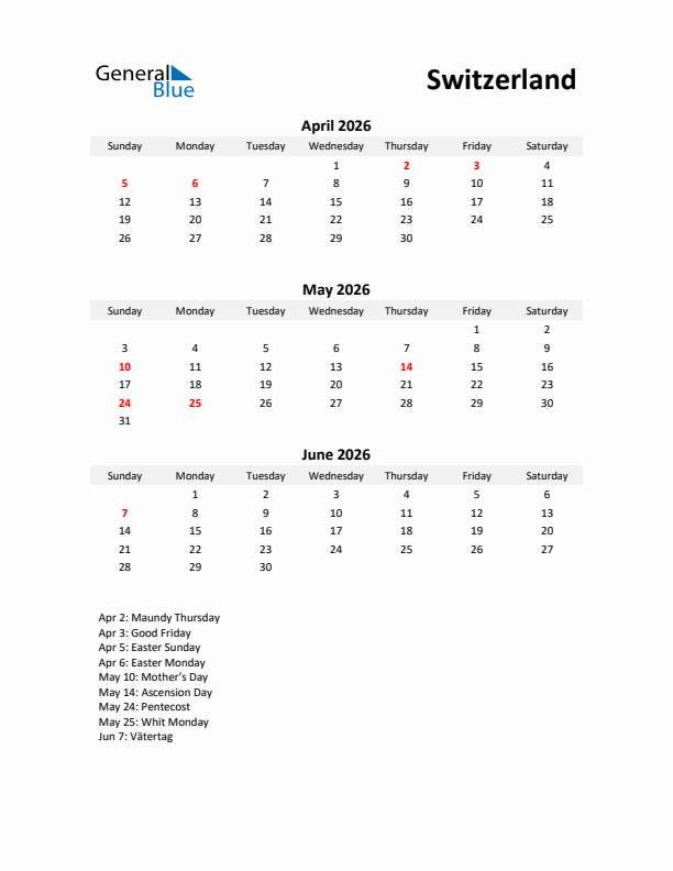 Printable Quarterly Calendar with Notes and Switzerland Holidays- Q2 of 2026