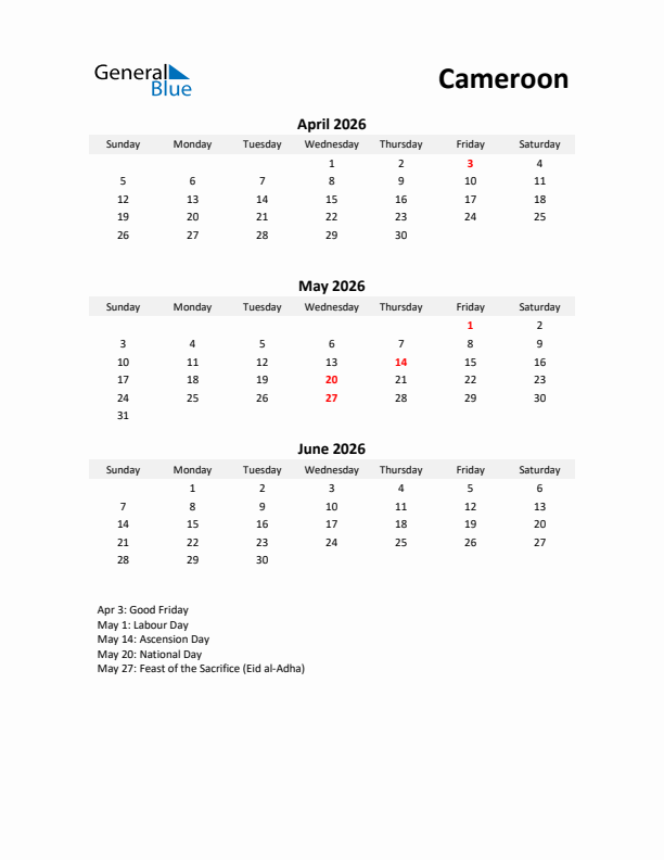 Printable Quarterly Calendar with Notes and Cameroon Holidays- Q2 of 2026