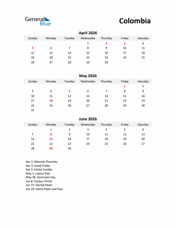 Printable Quarterly Calendar with Notes and Colombia Holidays- Q2 of 2026