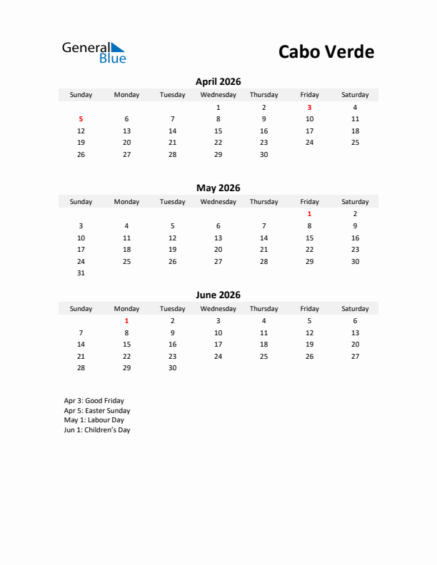 Printable Quarterly Calendar with Notes and Cabo Verde Holidays- Q2 of 2026