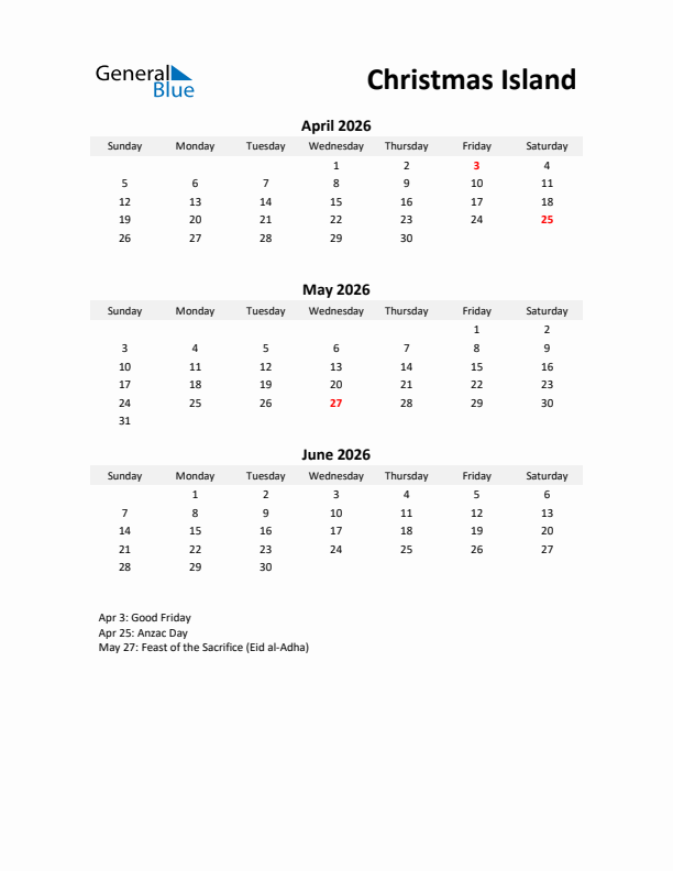 Printable Quarterly Calendar with Notes and Christmas Island Holidays- Q2 of 2026