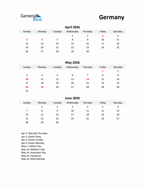 Printable Quarterly Calendar with Notes and Germany Holidays- Q2 of 2026