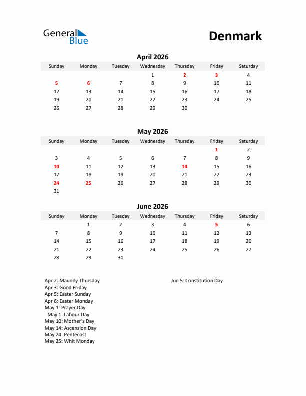 Printable Quarterly Calendar with Notes and Denmark Holidays- Q2 of 2026