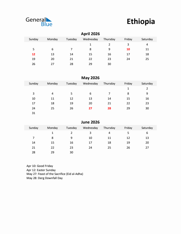 Printable Quarterly Calendar with Notes and Ethiopia Holidays- Q2 of 2026