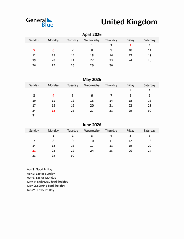 Printable Quarterly Calendar with Notes and United Kingdom Holidays- Q2 of 2026