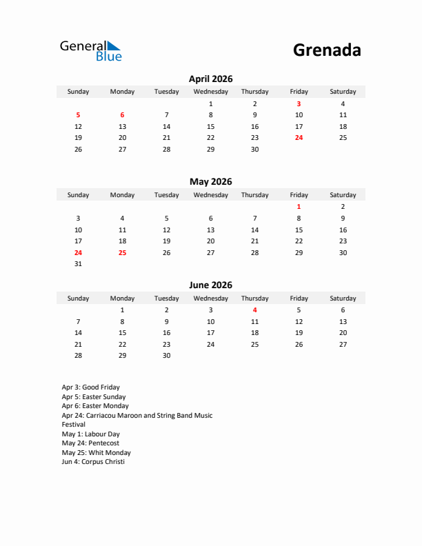 Printable Quarterly Calendar with Notes and Grenada Holidays- Q2 of 2026