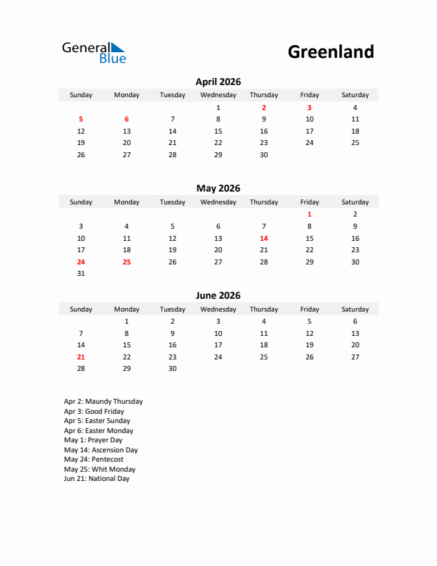 Printable Quarterly Calendar with Notes and Greenland Holidays- Q2 of 2026