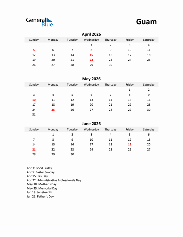 Printable Quarterly Calendar with Notes and Guam Holidays- Q2 of 2026