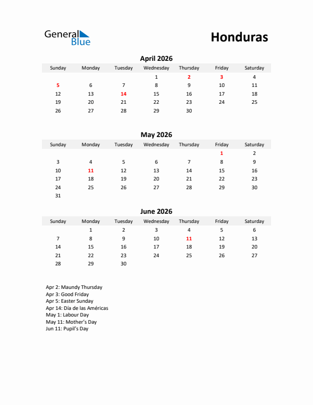 Printable Quarterly Calendar with Notes and Honduras Holidays- Q2 of 2026