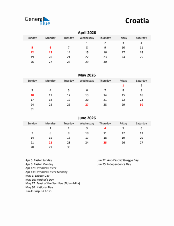 Printable Quarterly Calendar with Notes and Croatia Holidays- Q2 of 2026