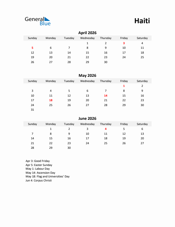 Printable Quarterly Calendar with Notes and Haiti Holidays- Q2 of 2026