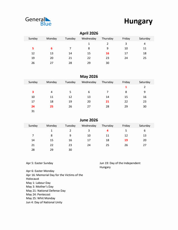 Printable Quarterly Calendar with Notes and Hungary Holidays- Q2 of 2026