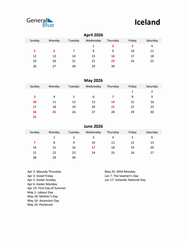 Printable Quarterly Calendar with Notes and Iceland Holidays- Q2 of 2026