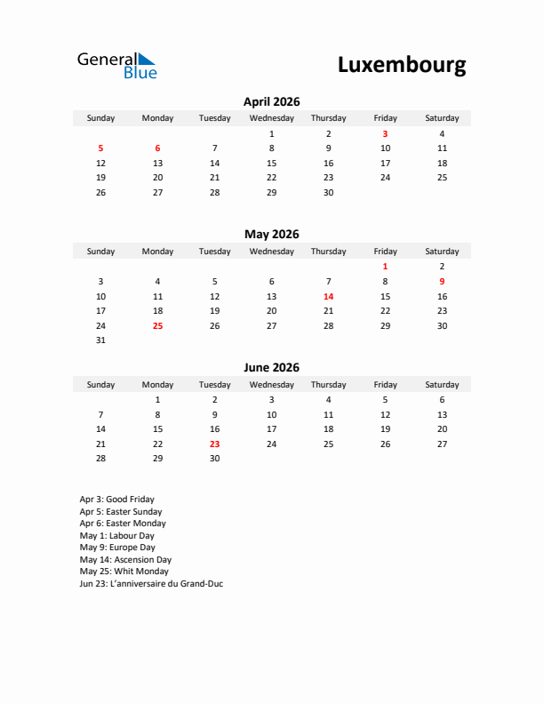 Printable Quarterly Calendar with Notes and Luxembourg Holidays- Q2 of 2026