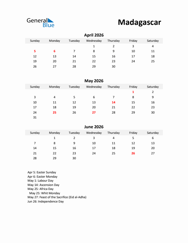 Printable Quarterly Calendar with Notes and Madagascar Holidays- Q2 of 2026