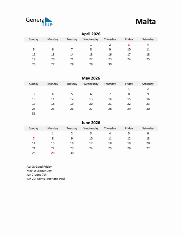 Printable Quarterly Calendar with Notes and Malta Holidays- Q2 of 2026