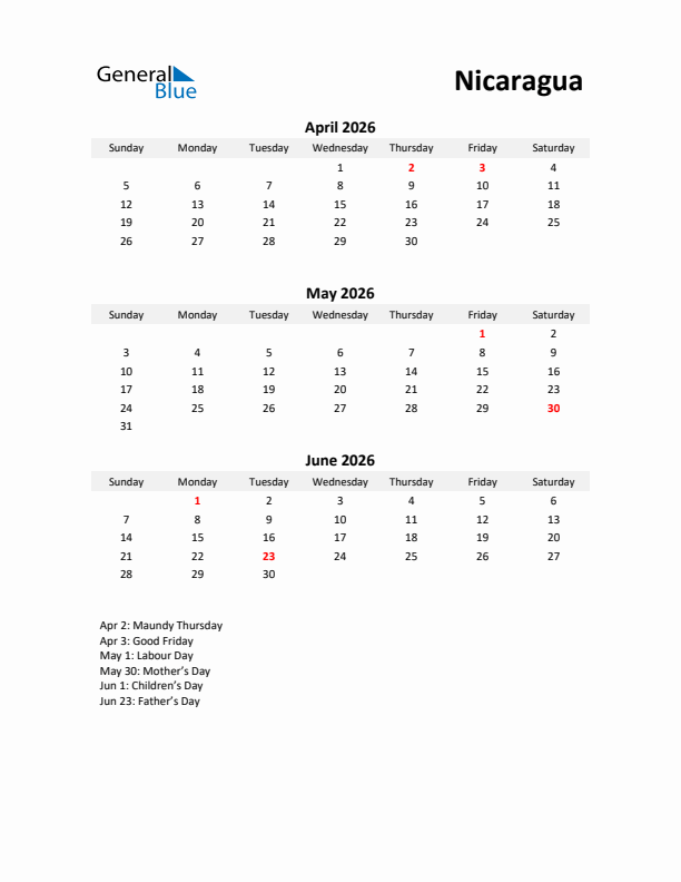 Printable Quarterly Calendar with Notes and Nicaragua Holidays- Q2 of 2026