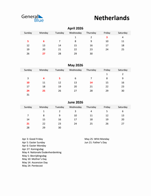 Printable Quarterly Calendar with Notes and The Netherlands Holidays- Q2 of 2026