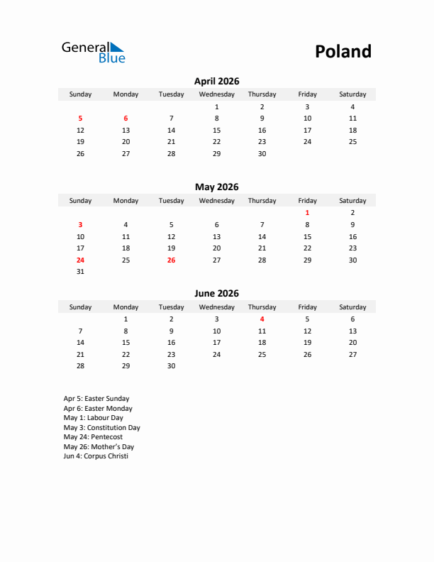 Printable Quarterly Calendar with Notes and Poland Holidays- Q2 of 2026