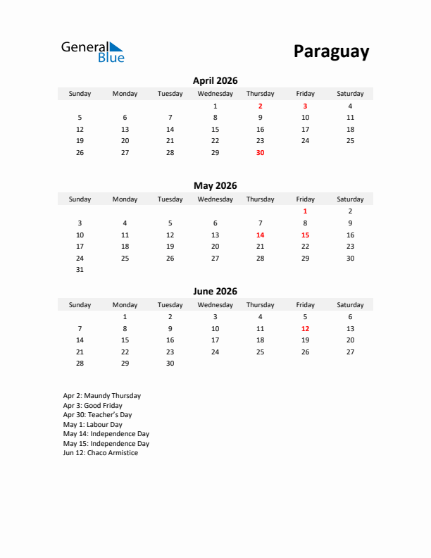 Printable Quarterly Calendar with Notes and Paraguay Holidays- Q2 of 2026