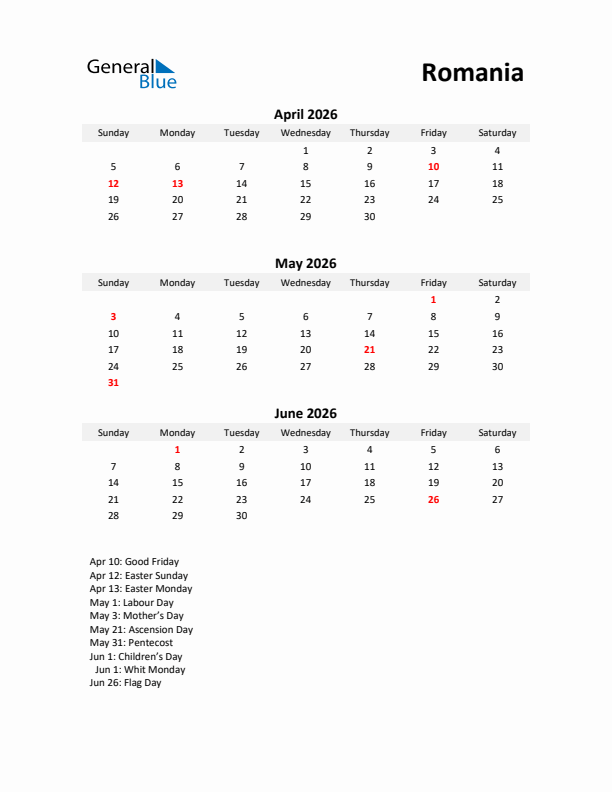 Printable Quarterly Calendar with Notes and Romania Holidays- Q2 of 2026