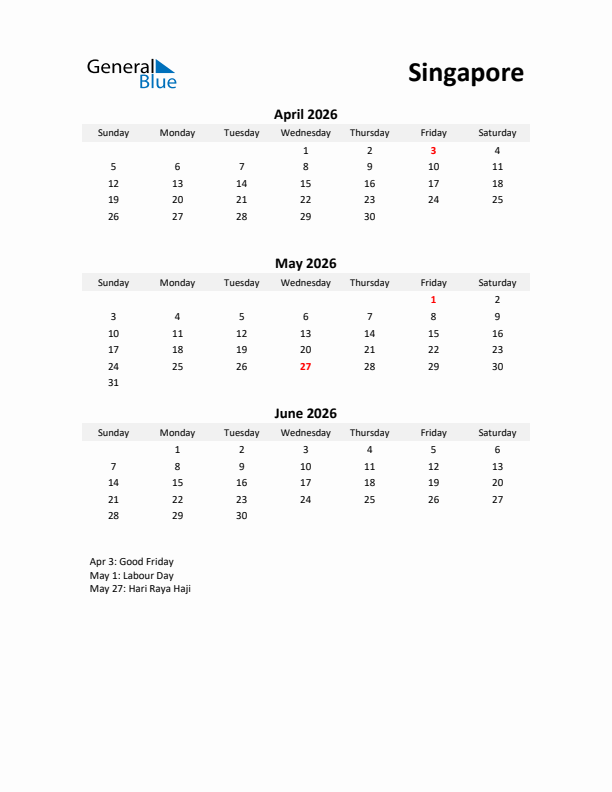 Printable Quarterly Calendar with Notes and Singapore Holidays- Q2 of 2026