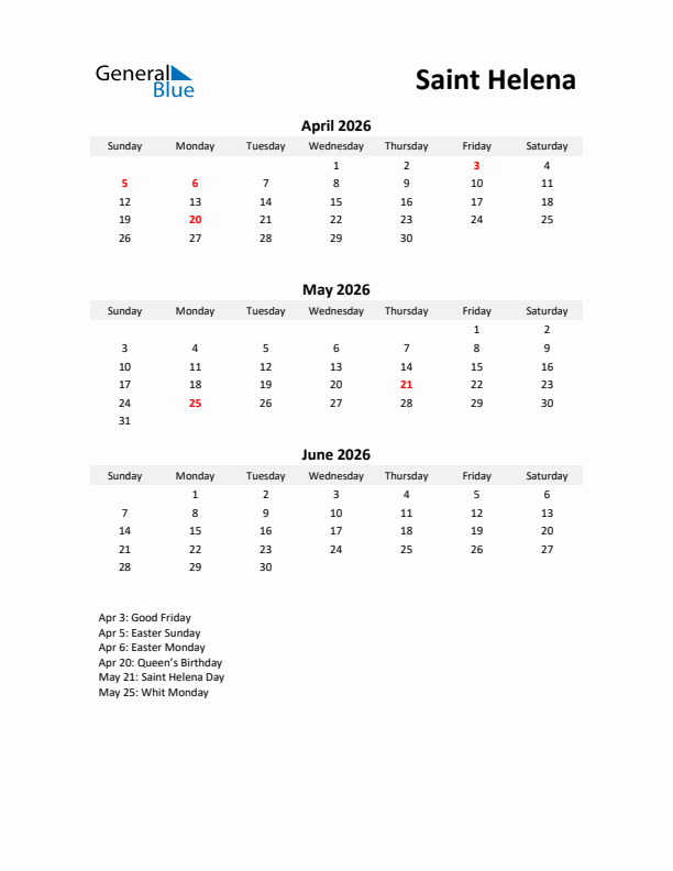 Printable Quarterly Calendar with Notes and Saint Helena Holidays- Q2 of 2026