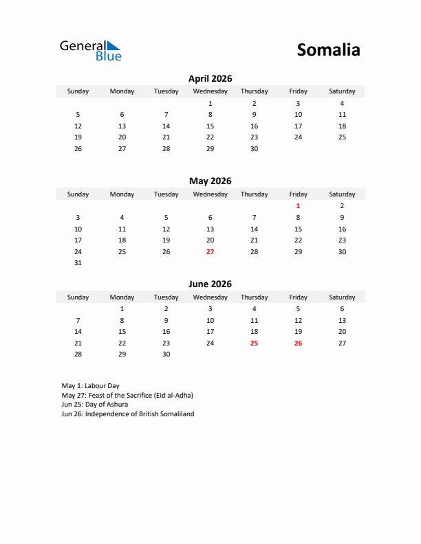 Printable Quarterly Calendar with Notes and Somalia Holidays- Q2 of 2026