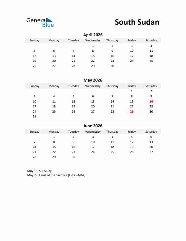 Printable Quarterly Calendar with Notes and South Sudan Holidays- Q2 of 2026