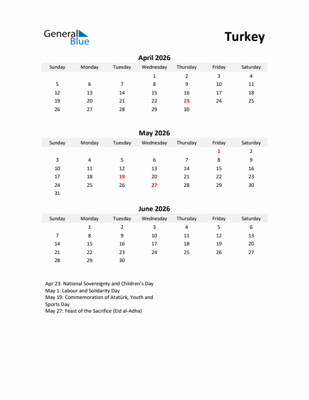 Printable Quarterly Calendar with Notes and Turkey Holidays- Q2 of 2026