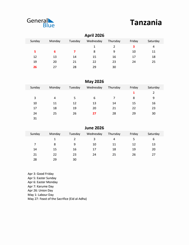 Printable Quarterly Calendar with Notes and Tanzania Holidays- Q2 of 2026