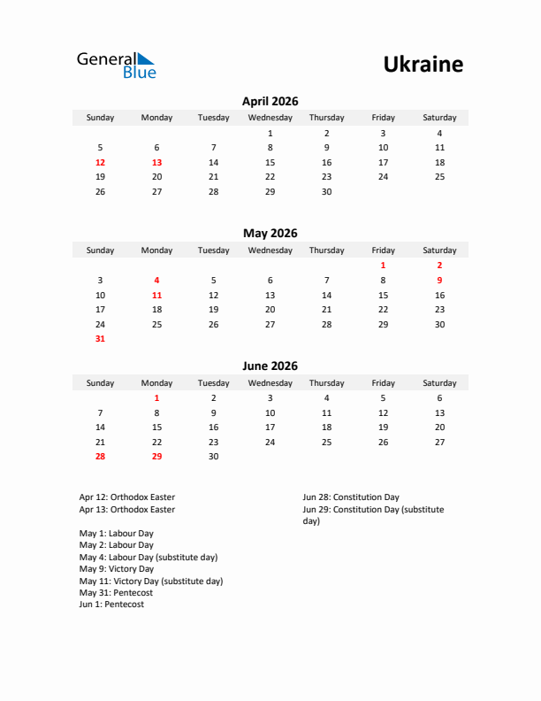 Printable Quarterly Calendar with Notes and Ukraine Holidays- Q2 of 2026