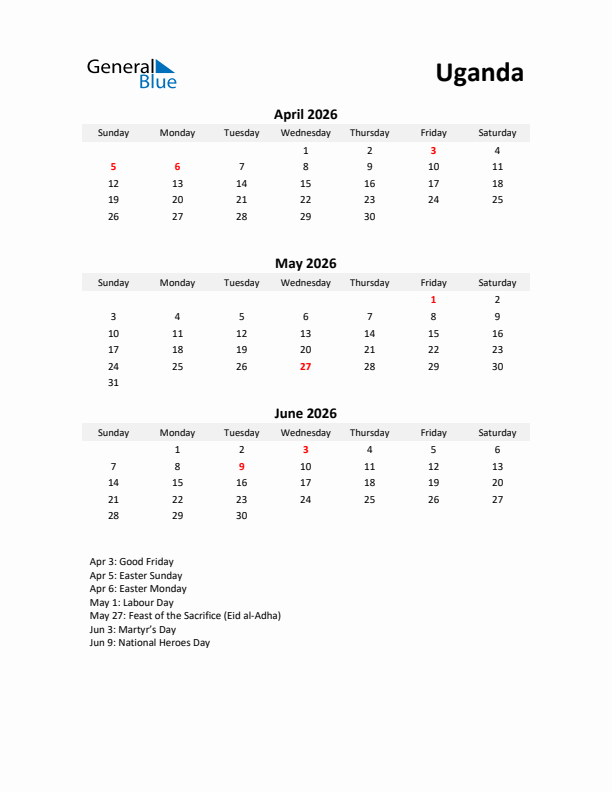 Printable Quarterly Calendar with Notes and Uganda Holidays- Q2 of 2026