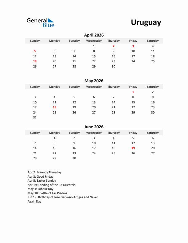 Printable Quarterly Calendar with Notes and Uruguay Holidays- Q2 of 2026