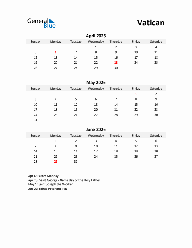 Printable Quarterly Calendar with Notes and Vatican Holidays- Q2 of 2026