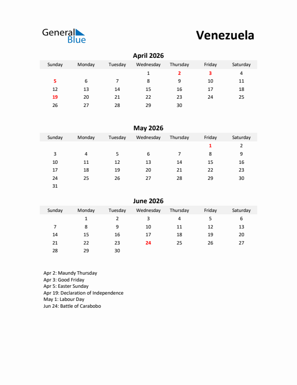 Printable Quarterly Calendar with Notes and Venezuela Holidays- Q2 of 2026