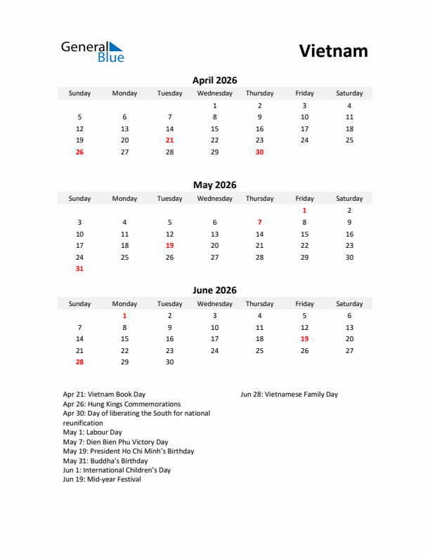 Printable Quarterly Calendar with Notes and Vietnam Holidays- Q2 of 2026