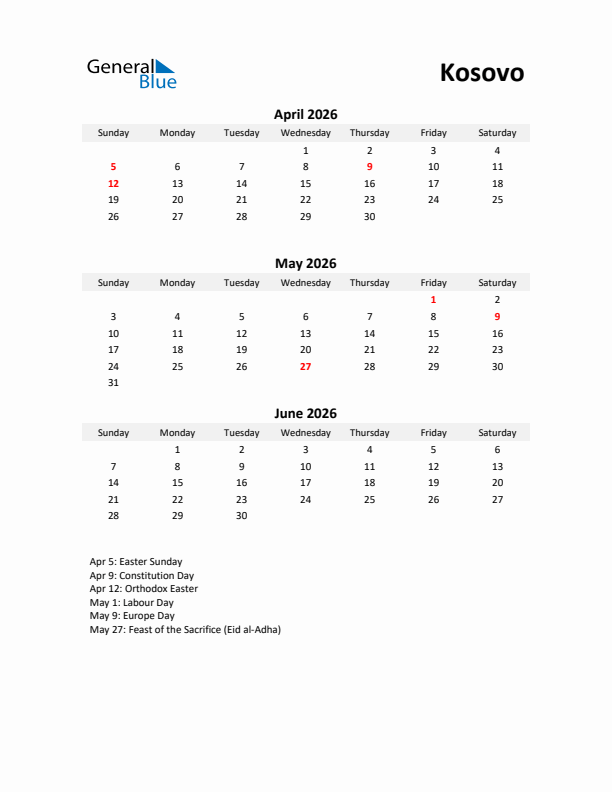 Printable Quarterly Calendar with Notes and Kosovo Holidays- Q2 of 2026