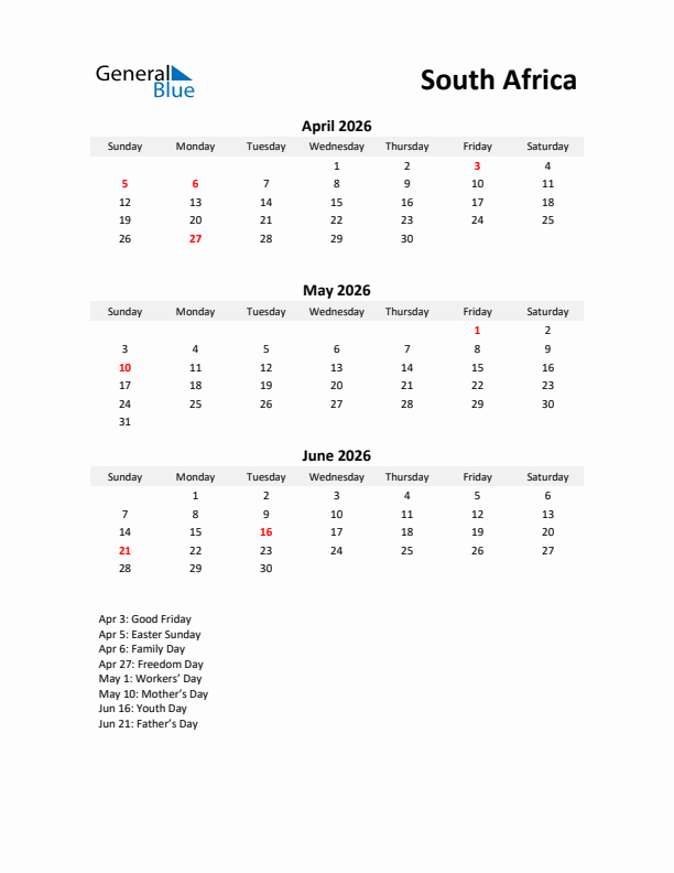 Printable Quarterly Calendar with Notes and South Africa Holidays- Q2 of 2026