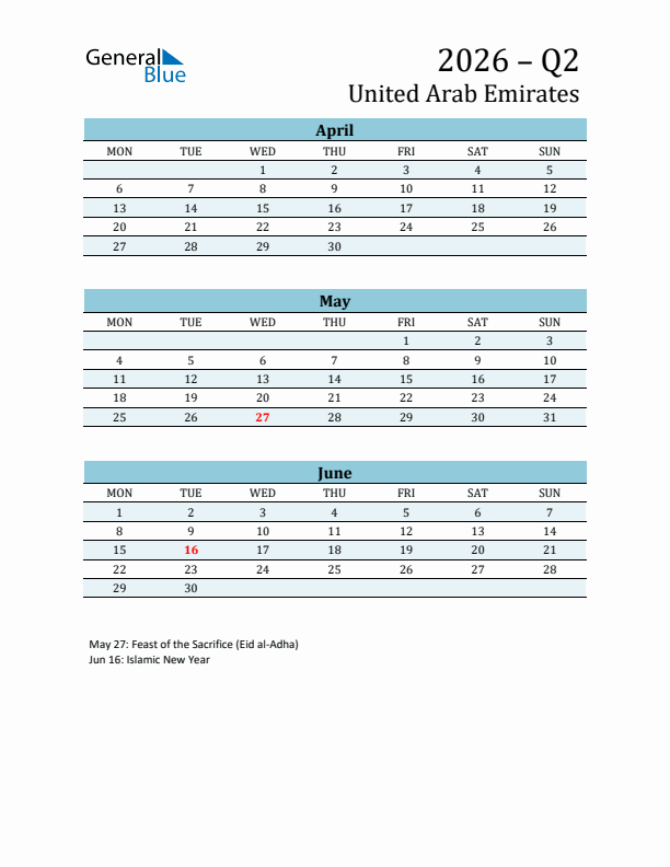 Three-Month Planner for Q2 2026 with Holidays - United Arab Emirates